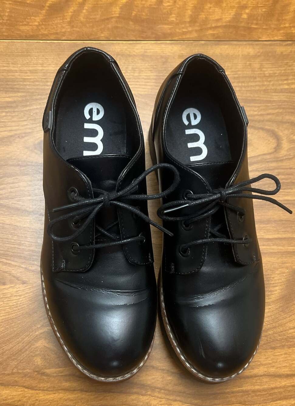 Emmshu Black Faux Leather Lace-Up Chunky Heel Oxford Shoes